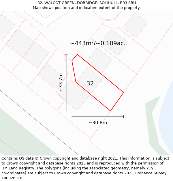 32, WALCOT GREEN, DORRIDGE, SOLIHULL, B93 8BU: Plot and title map