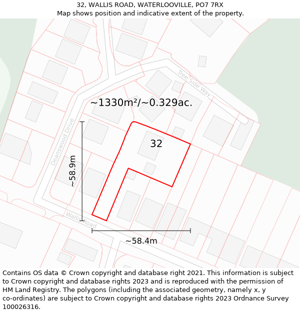 32, WALLIS ROAD, WATERLOOVILLE, PO7 7RX: Plot and title map