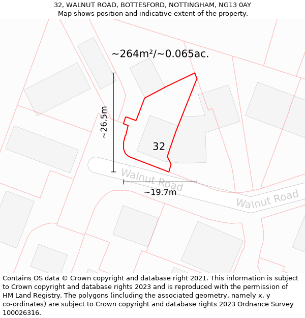 32, WALNUT ROAD, BOTTESFORD, NOTTINGHAM, NG13 0AY: Plot and title map