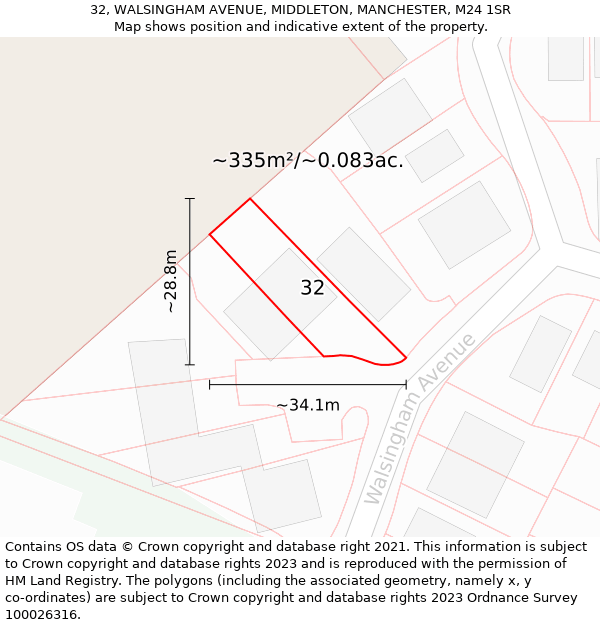 32, WALSINGHAM AVENUE, MIDDLETON, MANCHESTER, M24 1SR: Plot and title map