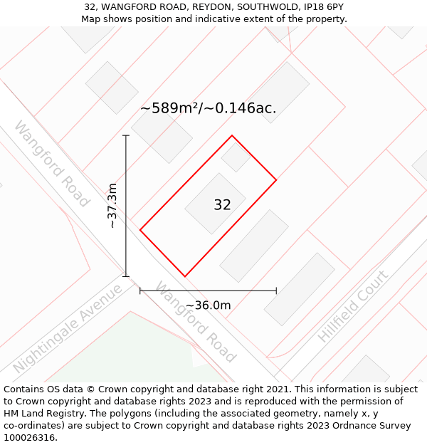 32, WANGFORD ROAD, REYDON, SOUTHWOLD, IP18 6PY: Plot and title map