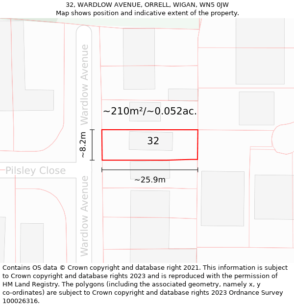 32, WARDLOW AVENUE, ORRELL, WIGAN, WN5 0JW: Plot and title map