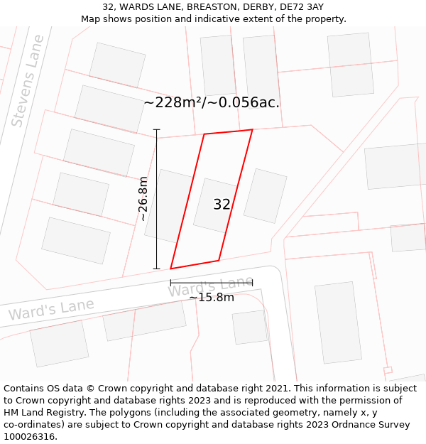 32, WARDS LANE, BREASTON, DERBY, DE72 3AY: Plot and title map