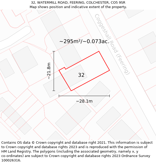 32, WATERMILL ROAD, FEERING, COLCHESTER, CO5 9SR: Plot and title map