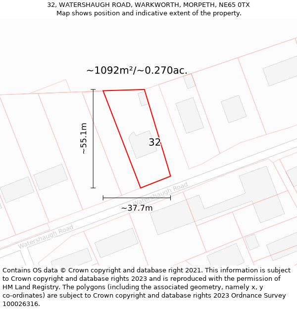 32, WATERSHAUGH ROAD, WARKWORTH, MORPETH, NE65 0TX: Plot and title map