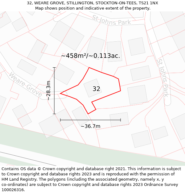 32, WEARE GROVE, STILLINGTON, STOCKTON-ON-TEES, TS21 1NX: Plot and title map