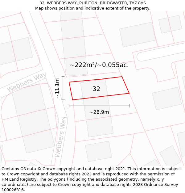 32, WEBBERS WAY, PURITON, BRIDGWATER, TA7 8AS: Plot and title map