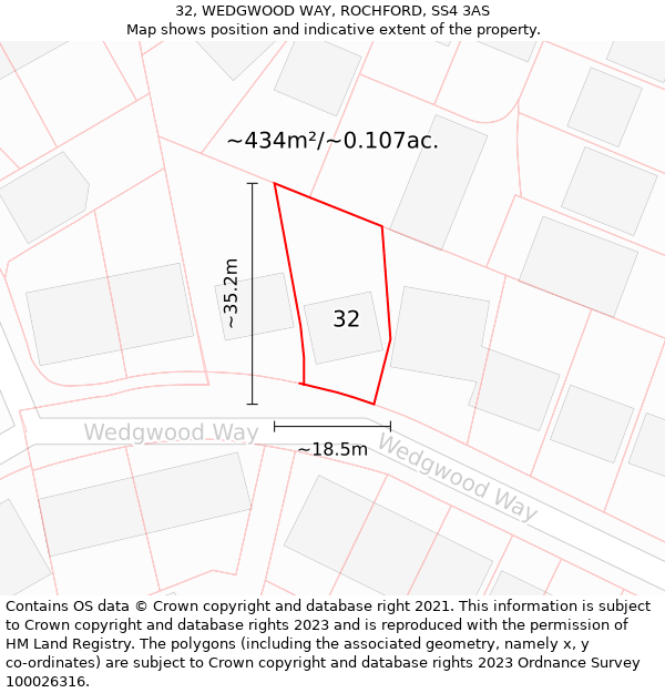 32, WEDGWOOD WAY, ROCHFORD, SS4 3AS: Plot and title map