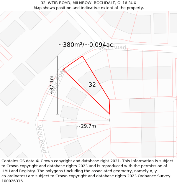 32, WEIR ROAD, MILNROW, ROCHDALE, OL16 3UX: Plot and title map