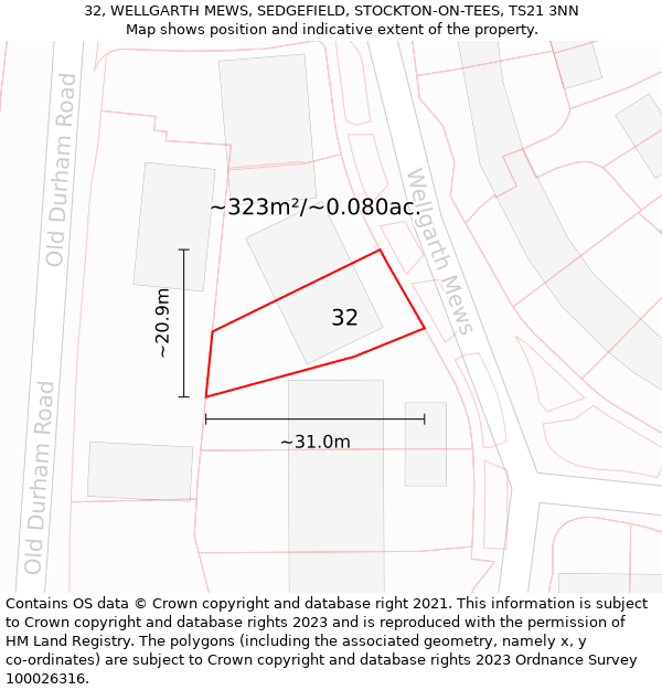 32, WELLGARTH MEWS, SEDGEFIELD, STOCKTON-ON-TEES, TS21 3NN: Plot and title map