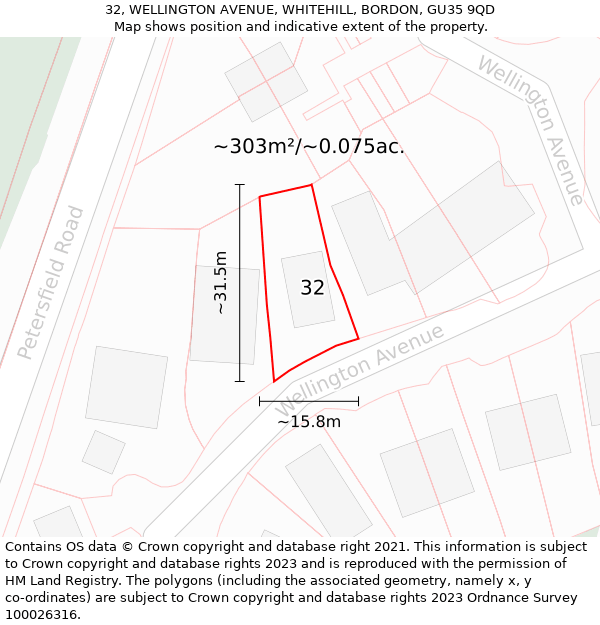 32, WELLINGTON AVENUE, WHITEHILL, BORDON, GU35 9QD: Plot and title map