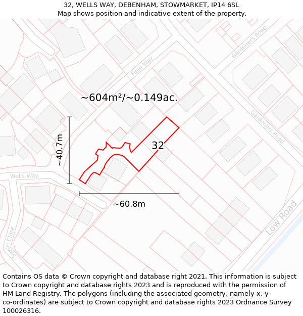 32, WELLS WAY, DEBENHAM, STOWMARKET, IP14 6SL: Plot and title map