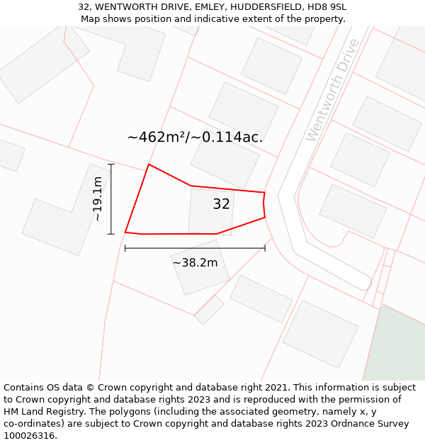 32, WENTWORTH DRIVE, EMLEY, HUDDERSFIELD, HD8 9SL: Plot and title map