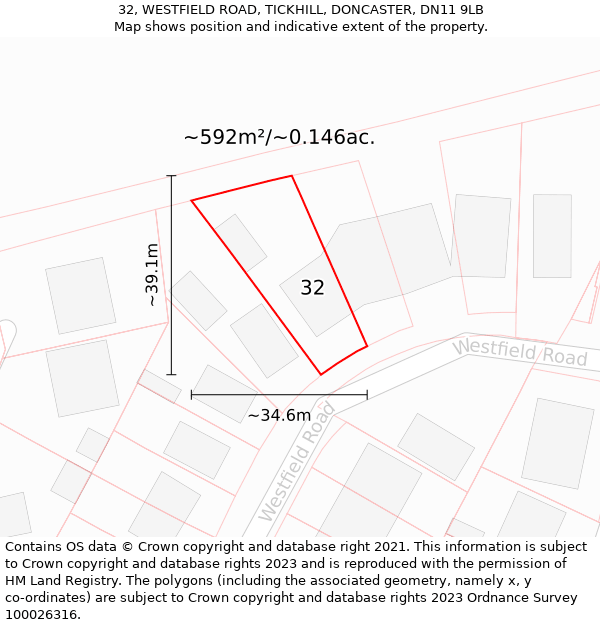 32, WESTFIELD ROAD, TICKHILL, DONCASTER, DN11 9LB: Plot and title map