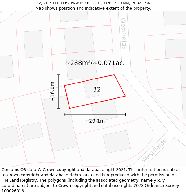 32, WESTFIELDS, NARBOROUGH, KING'S LYNN, PE32 1SX: Plot and title map