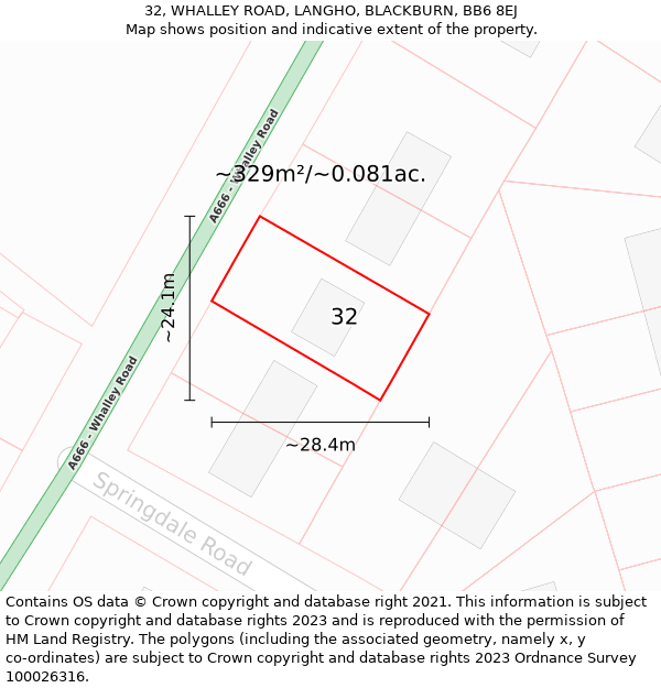 32, WHALLEY ROAD, LANGHO, BLACKBURN, BB6 8EJ: Plot and title map