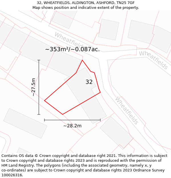 32, WHEATFIELDS, ALDINGTON, ASHFORD, TN25 7GF: Plot and title map