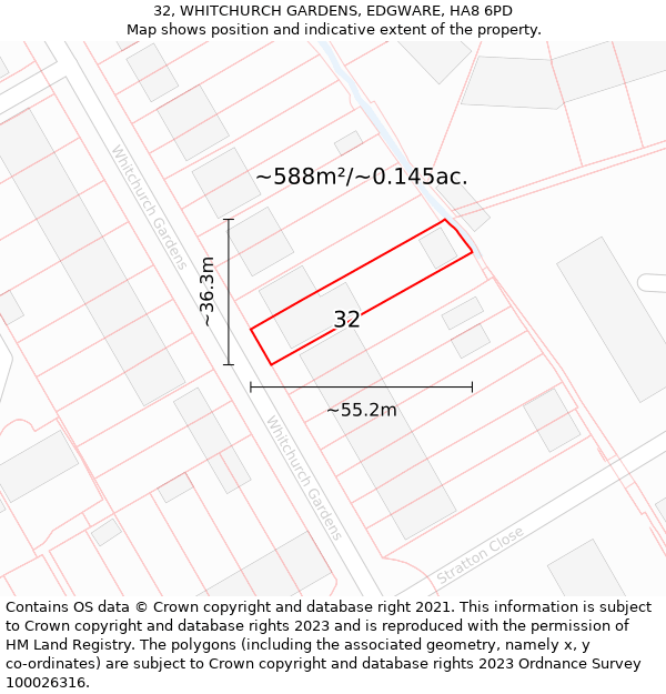 32, WHITCHURCH GARDENS, EDGWARE, HA8 6PD: Plot and title map