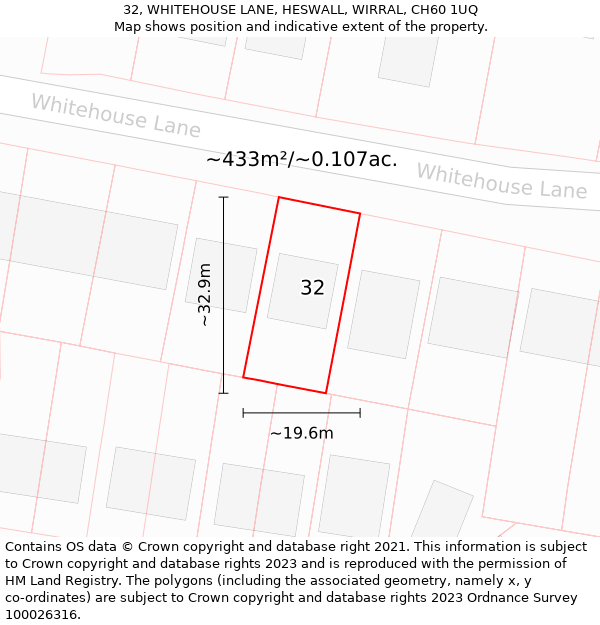 32, WHITEHOUSE LANE, HESWALL, WIRRAL, CH60 1UQ: Plot and title map