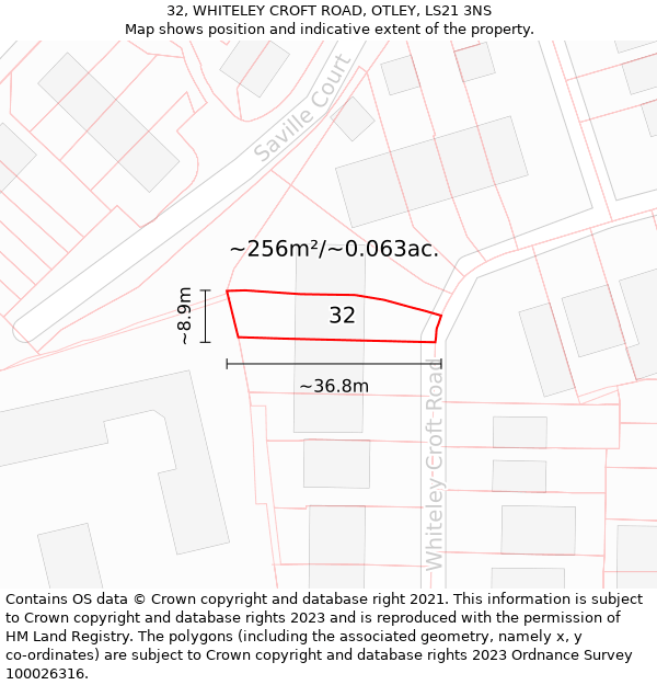 32, WHITELEY CROFT ROAD, OTLEY, LS21 3NS: Plot and title map