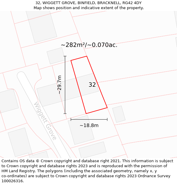 32, WIGGETT GROVE, BINFIELD, BRACKNELL, RG42 4DY: Plot and title map