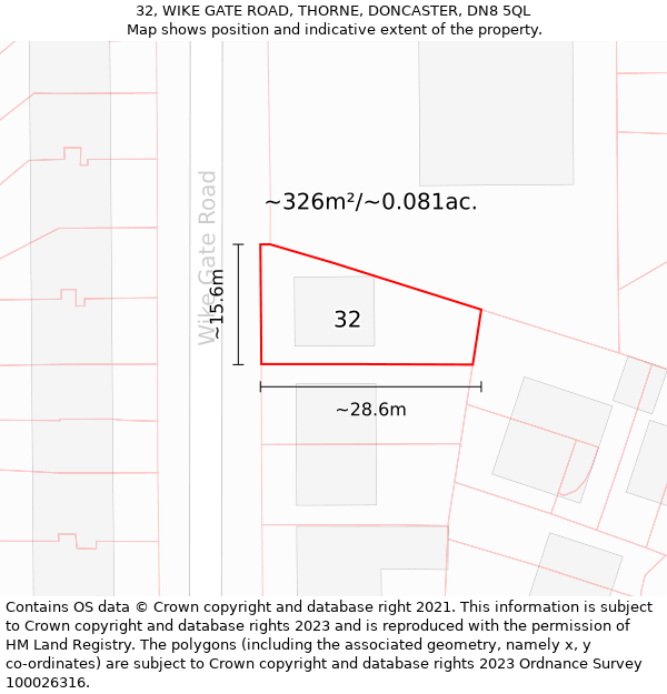 32, WIKE GATE ROAD, THORNE, DONCASTER, DN8 5QL: Plot and title map