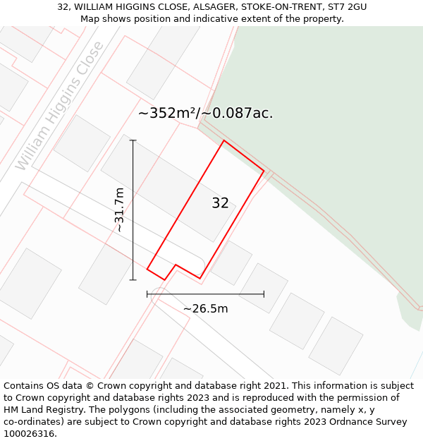 32, WILLIAM HIGGINS CLOSE, ALSAGER, STOKE-ON-TRENT, ST7 2GU: Plot and title map