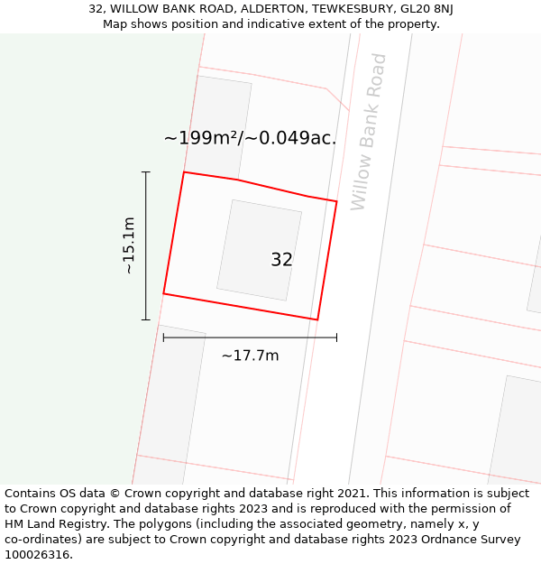 32, WILLOW BANK ROAD, ALDERTON, TEWKESBURY, GL20 8NJ: Plot and title map