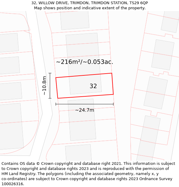 32, WILLOW DRIVE, TRIMDON, TRIMDON STATION, TS29 6QP: Plot and title map