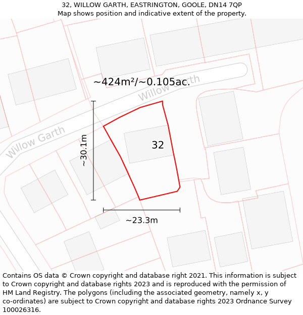 32, WILLOW GARTH, EASTRINGTON, GOOLE, DN14 7QP: Plot and title map