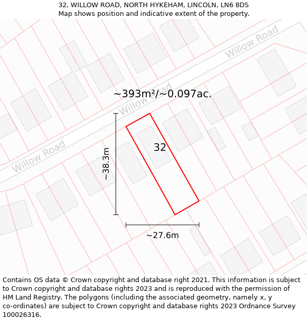 32, WILLOW ROAD, NORTH HYKEHAM, LINCOLN, LN6 8DS: Plot and title map