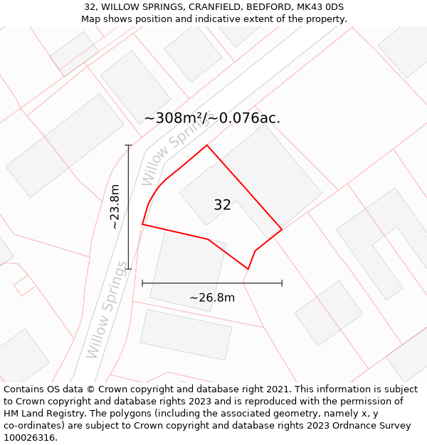 32, WILLOW SPRINGS, CRANFIELD, BEDFORD, MK43 0DS: Plot and title map