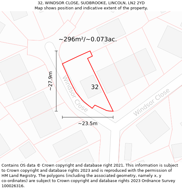 32, WINDSOR CLOSE, SUDBROOKE, LINCOLN, LN2 2YD: Plot and title map