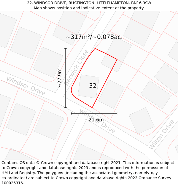 32, WINDSOR DRIVE, RUSTINGTON, LITTLEHAMPTON, BN16 3SW: Plot and title map