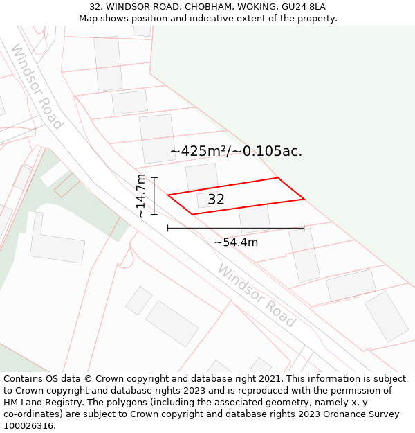 32, WINDSOR ROAD, CHOBHAM, WOKING, GU24 8LA: Plot and title map