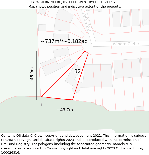 32, WINERN GLEBE, BYFLEET, WEST BYFLEET, KT14 7LT: Plot and title map