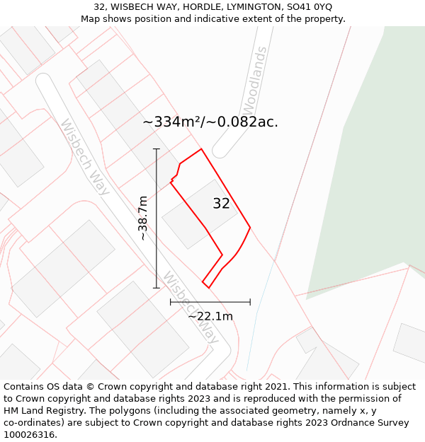 32, WISBECH WAY, HORDLE, LYMINGTON, SO41 0YQ: Plot and title map