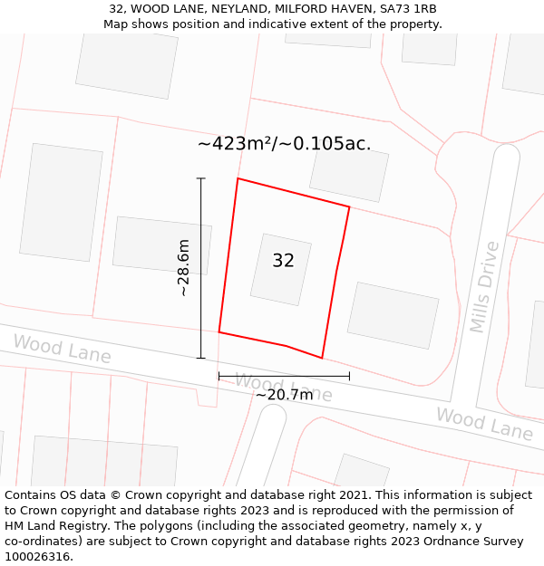 32, WOOD LANE, NEYLAND, MILFORD HAVEN, SA73 1RB: Plot and title map