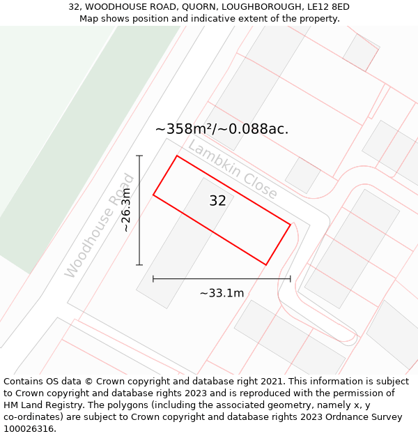 32, WOODHOUSE ROAD, QUORN, LOUGHBOROUGH, LE12 8ED: Plot and title map