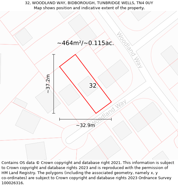 32, WOODLAND WAY, BIDBOROUGH, TUNBRIDGE WELLS, TN4 0UY: Plot and title map