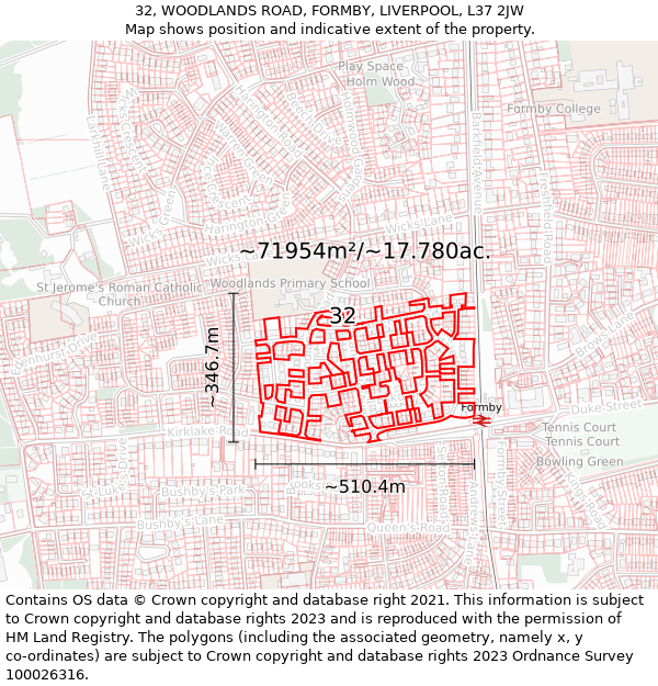 32, WOODLANDS ROAD, FORMBY, LIVERPOOL, L37 2JW: Plot and title map