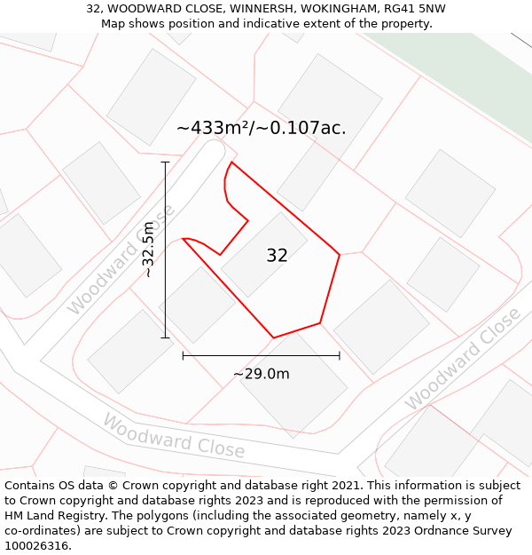 32, WOODWARD CLOSE, WINNERSH, WOKINGHAM, RG41 5NW: Plot and title map