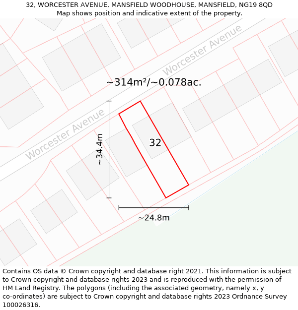 32, WORCESTER AVENUE, MANSFIELD WOODHOUSE, MANSFIELD, NG19 8QD: Plot and title map