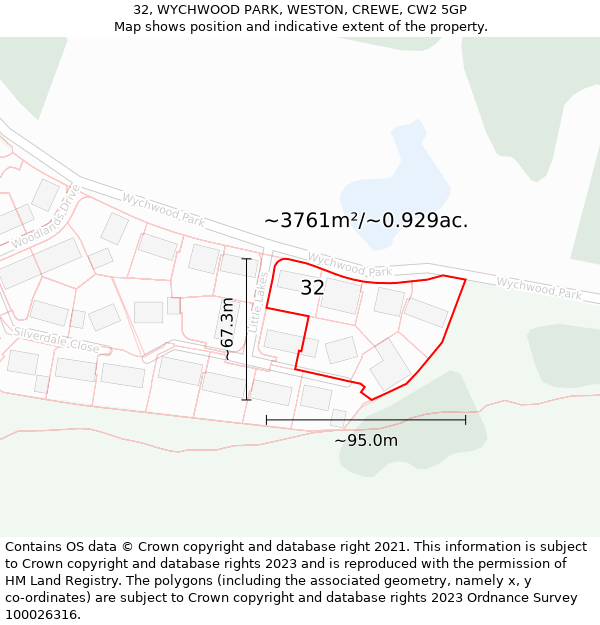 32, WYCHWOOD PARK, WESTON, CREWE, CW2 5GP: Plot and title map