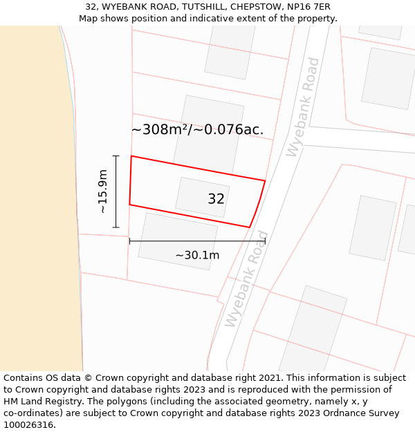 32, WYEBANK ROAD, TUTSHILL, CHEPSTOW, NP16 7ER: Plot and title map