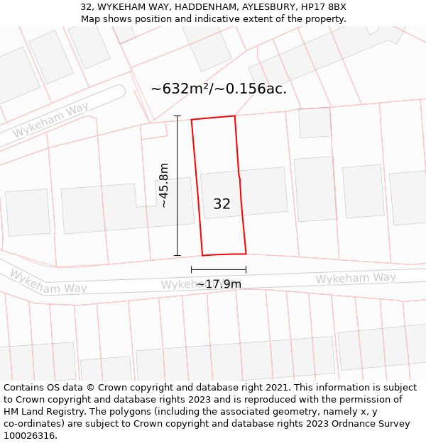 32, WYKEHAM WAY, HADDENHAM, AYLESBURY, HP17 8BX: Plot and title map