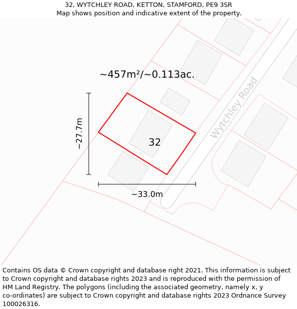 32, WYTCHLEY ROAD, KETTON, STAMFORD, PE9 3SR: Plot and title map