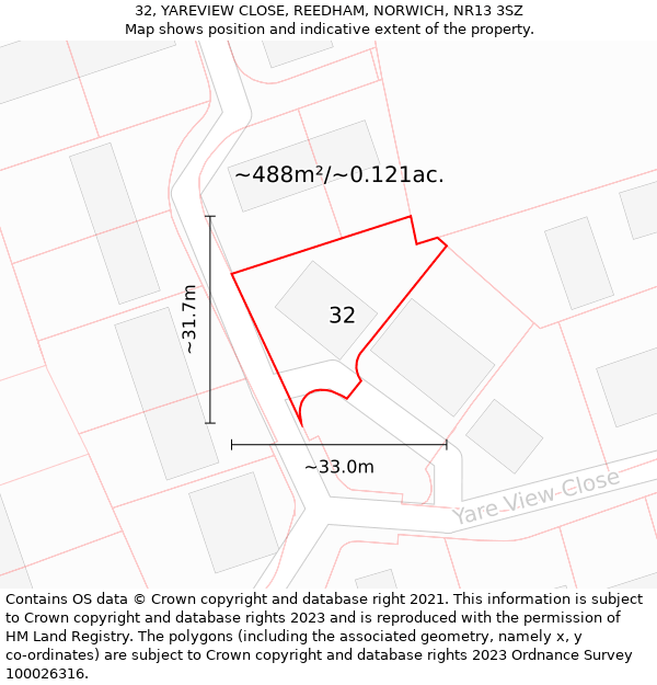 32, YAREVIEW CLOSE, REEDHAM, NORWICH, NR13 3SZ: Plot and title map
