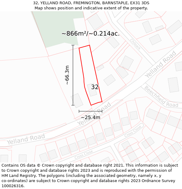 32, YELLAND ROAD, FREMINGTON, BARNSTAPLE, EX31 3DS: Plot and title map