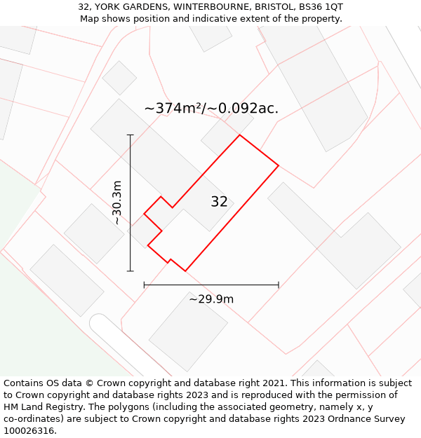 32, YORK GARDENS, WINTERBOURNE, BRISTOL, BS36 1QT: Plot and title map